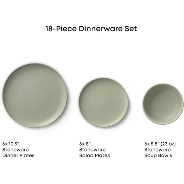 imageJoyJolt Mesa Stoneware Dinnerware Set 18Piece Plates and Bowls Sets Includes Dinner Plates Salad Plates and Cereal and Soup Bowls Modern Farmhouse Matte Black Dish Set for 6Green