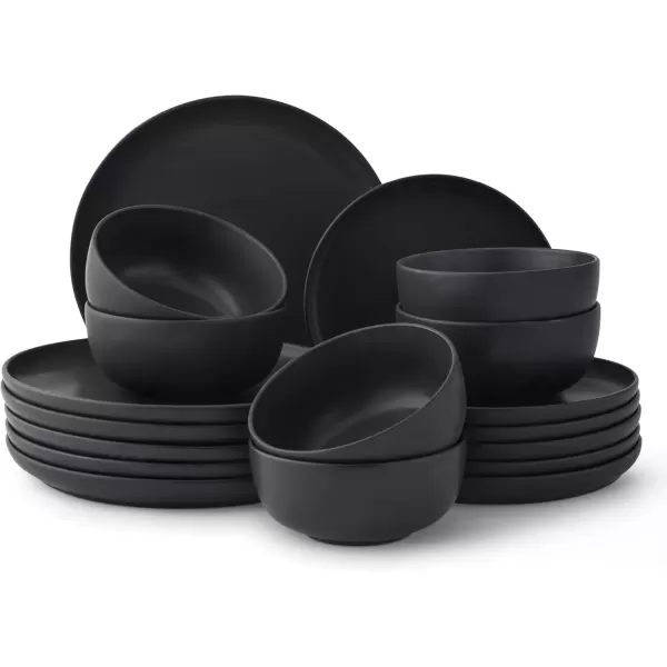 imageJoyJolt Mesa Stoneware Dinnerware Set 18Piece Plates and Bowls Sets Includes Dinner Plates Salad Plates and Cereal and Soup Bowls Modern Farmhouse Matte Black Dish Set for 6Black