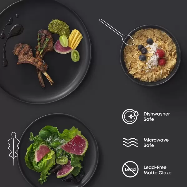 imageJoyJolt Mesa Stoneware Dinnerware Set 18Piece Plates and Bowls Sets Includes Dinner Plates Salad Plates and Cereal and Soup Bowls Modern Farmhouse Matte Black Dish Set for 6Black