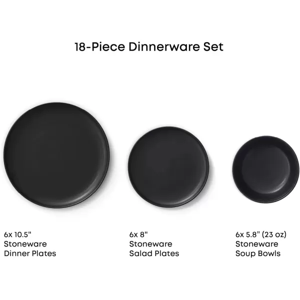 imageJoyJolt Mesa Stoneware Dinnerware Set 18Piece Plates and Bowls Sets Includes Dinner Plates Salad Plates and Cereal and Soup Bowls Modern Farmhouse Matte Black Dish Set for 6Black