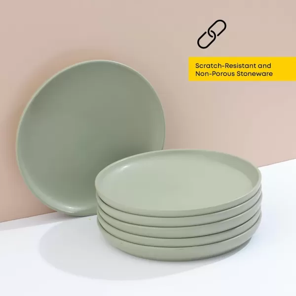 imageJoyJolt Mesa Stoneware Salad Plates 8quot Round Lunch Plates Dishwasher and Microwave Safe Plate Set of 6 Modern Rustic Dinnerware Appetizer Dessert Dinner Sides Kitchen Dishes  Matte White LinenGreen