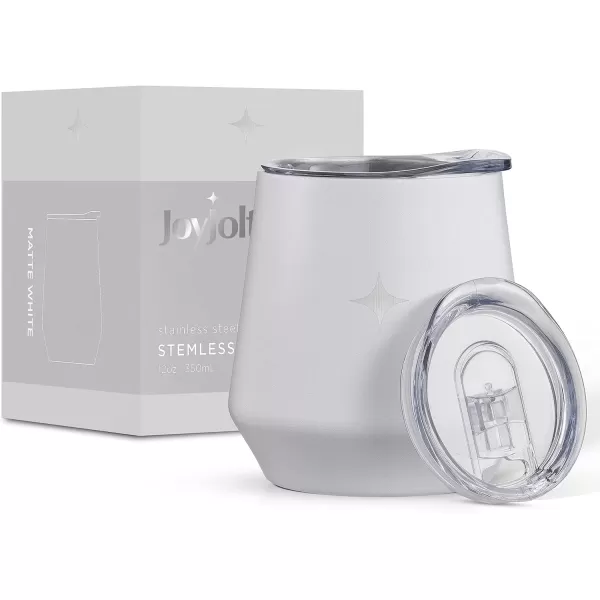 imageJoyJolt TriInsulated Wine Tumbler with Lid Pack 12 oz Tumbler Slider and Straw Lids Vacuum Double Walled Stainless Steel Stemless Wine Glass Copper Lined for Very Cold Drinks Travel and CampingMatte White