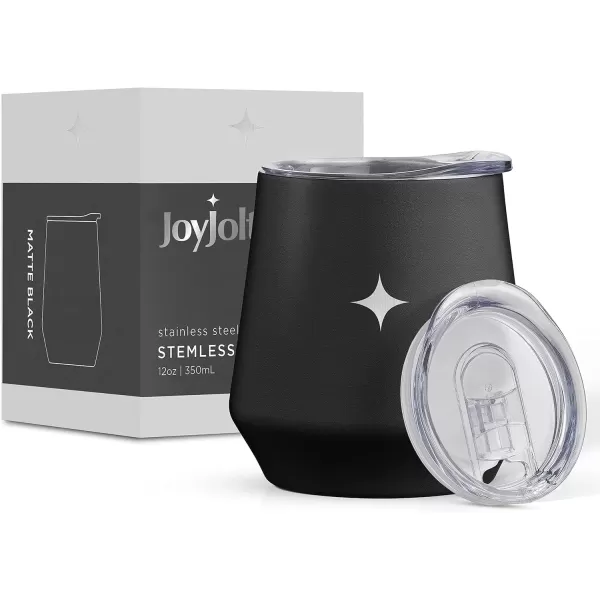 imageJoyJolt TriInsulated Wine Tumbler with Lid Pack 12 oz Tumbler Slider and Straw Lids Vacuum Double Walled Stainless Steel Stemless Wine Glass Copper Lined for Very Cold Drinks Travel and CampingMatte Black