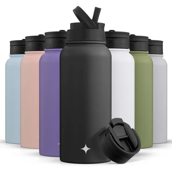 imageJoyJolt Triple Insulated Water Bottle with Straw Lid AND Flip Lid 32oz Large Water Bottle 12 Hour HotCold Vacuum Insulated Stainless Steel Bottle BPAFree Leakproof Water Bottles  Thermos BottleMatte Black