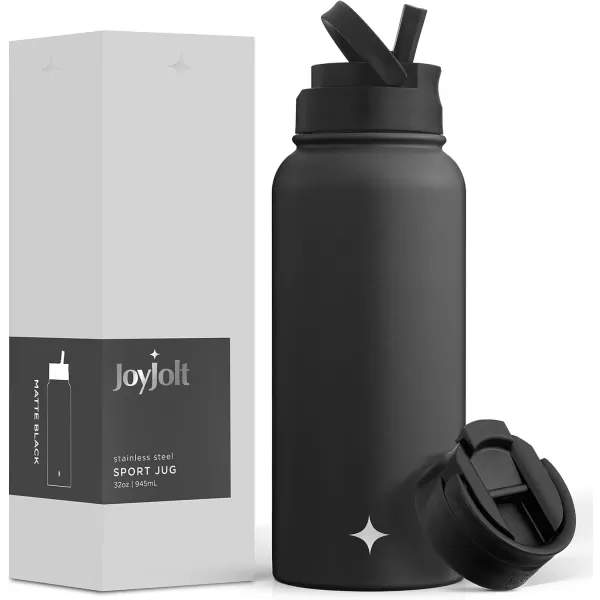 imageJoyJolt Triple Insulated Water Bottle with Straw Lid AND Flip Lid 32oz Large Water Bottle 12 Hour HotCold Vacuum Insulated Stainless Steel Bottle BPAFree Leakproof Water Bottles  Thermos BottleMatte Black