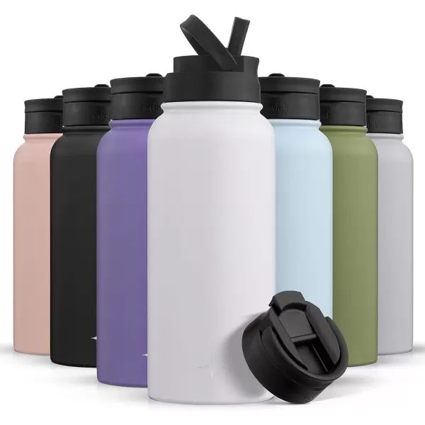 imageJoyJolt Triple Insulated Water Bottle with Straw Lid AND Flip Lid 32oz Large Water Bottle 12 Hour HotCold Vacuum Insulated Stainless Steel Bottle BPAFree Leakproof Water Bottles  Thermos BottleMatte White