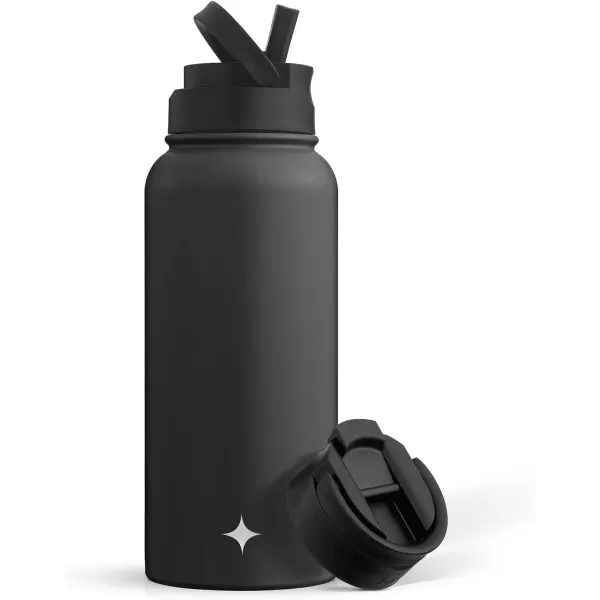 imageJoyJolt Triple Insulated Water Bottle with Straw Lid AND Flip Lid 32oz Large Water Bottle 12 Hour HotCold Vacuum Insulated Stainless Steel Bottle BPAFree Leakproof Water Bottles  Thermos BottleMatte Black