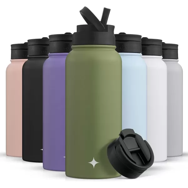 imageJoyJolt Triple Insulated Water Bottle with Straw Lid AND Flip Lid 32oz Large Water Bottle 12 Hour HotCold Vacuum Insulated Stainless Steel Bottle BPAFree Leakproof Water Bottles  Thermos BottleForest Green