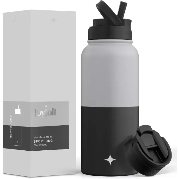 imageJoyJolt Triple Insulated Water Bottle with Straw Lid AND Flip Lid 32oz Large Water Bottle 12 Hour HotCold Vacuum Insulated Stainless Steel Bottle BPAFree Leakproof Water Bottles  Thermos BottleGrayBlack
