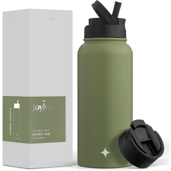 imageJoyJolt Triple Insulated Water Bottle with Straw Lid AND Flip Lid 32oz Large Water Bottle 12 Hour HotCold Vacuum Insulated Stainless Steel Bottle BPAFree Leakproof Water Bottles  Thermos BottleForest Green