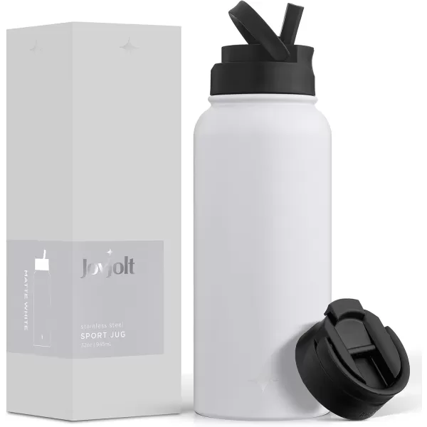 imageJoyJolt Triple Insulated Water Bottle with Straw Lid AND Flip Lid 32oz Large Water Bottle 12 Hour HotCold Vacuum Insulated Stainless Steel Bottle BPAFree Leakproof Water Bottles  Thermos BottleMatte White