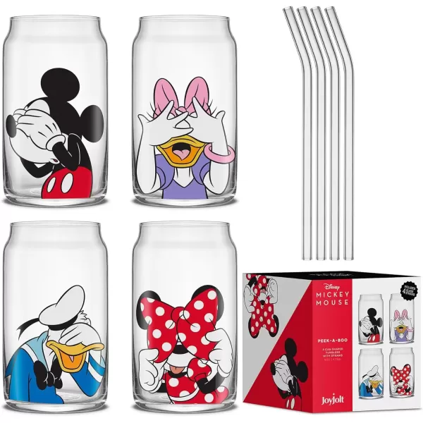 imageJoyJolt Disney Mickey Mouse ampamp Friends PeekaBoo Collection Tumblers 16oz Can Shape Tumbler Drinking Glass Cups Set Glass Tumbler Set of 4 wGlass Straws Disney Gifts Mickey Mouse GlassesDisney