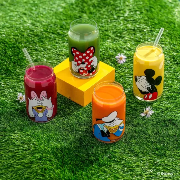 imageJoyJolt Disney Mickey Mouse ampamp Friends PeekaBoo Collection Tumblers 16oz Can Shape Tumbler Drinking Glass Cups Set Glass Tumbler Set of 4 wGlass Straws Disney Gifts Mickey Mouse GlassesDisney