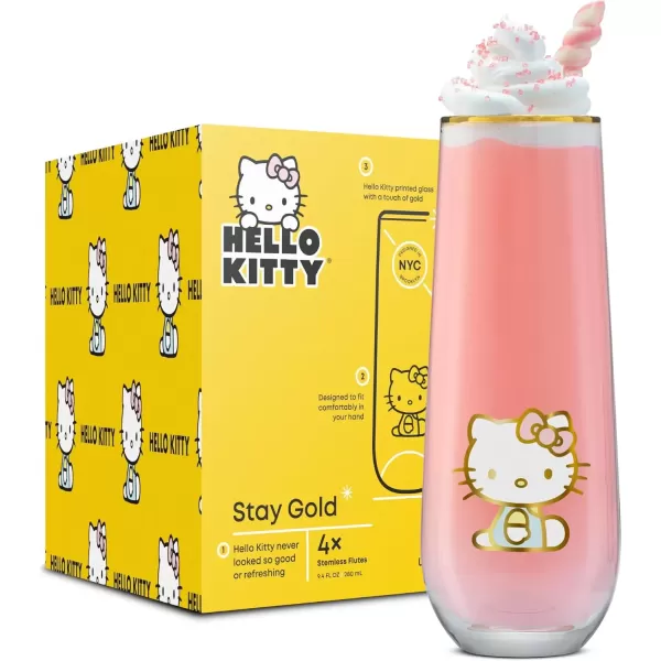 imageJoyJolt Hello Kitty Stay Gold Stemless Flutes 94oz Drinking Glasses Set of 4 Sanrio Highball Glasses Kawaii Hello Kitty Kitchen Glass Set Ideal for Water Juice Smoothies Skinny Tall Glasses