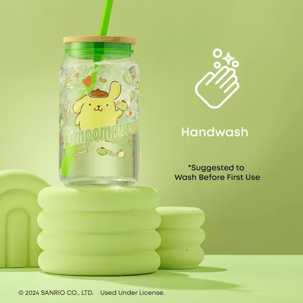 imageJoyJolt Sanrio Hello Kitty and Friends Favorite Flavor Glass Tumbler with Bamboo Lid and Straw Leakproof 16oz Clear Soda Can Shaped Cup featuring My Melody Hello Kitty MerchPompompurin