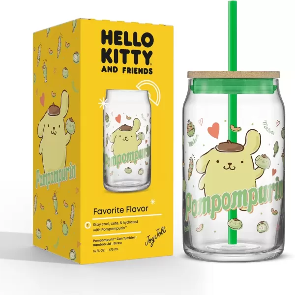 imageJoyJolt Sanrio Hello Kitty and Friends Favorite Flavor Glass Tumbler with Bamboo Lid and Straw Leakproof 16oz Clear Soda Can Shaped Cup featuring My Melody Hello Kitty MerchPompompurin