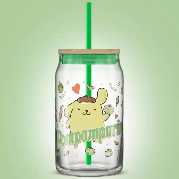 imageJoyJolt Sanrio Hello Kitty and Friends Favorite Flavor Glass Tumbler with Bamboo Lid and Straw Leakproof 16oz Clear Soda Can Shaped Cup featuring My Melody Hello Kitty MerchPompompurin