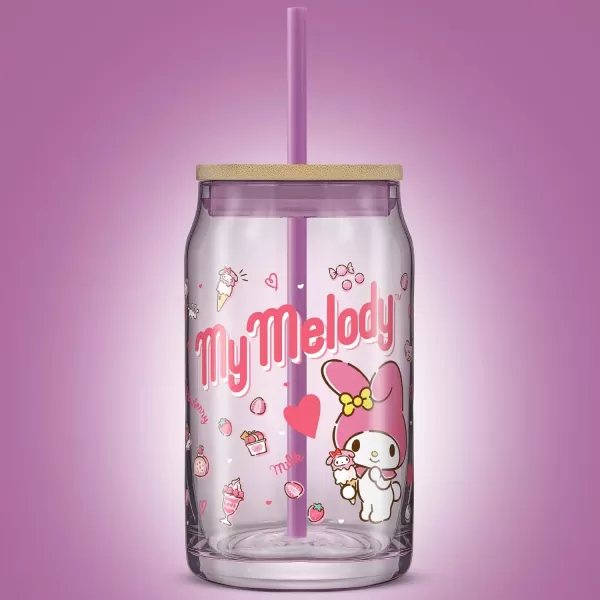 imageJoyJolt Sanrio Hello Kitty and Friends Favorite Flavor Glass Tumbler with Bamboo Lid and Straw Leakproof 16oz Clear Soda Can Shaped Cup featuring My Melody Hello Kitty MerchMy Melody