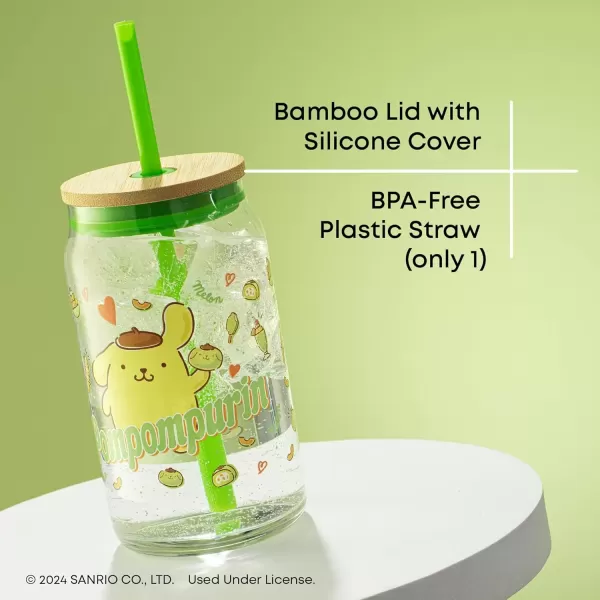 imageJoyJolt Sanrio Hello Kitty and Friends Favorite Flavor Glass Tumbler with Bamboo Lid and Straw Leakproof 16oz Clear Soda Can Shaped Cup featuring My Melody Hello Kitty MerchPompompurin