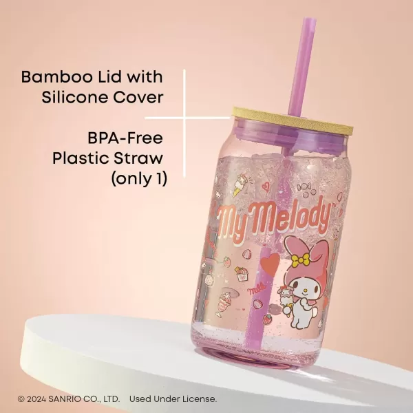 imageJoyJolt Sanrio Hello Kitty and Friends Favorite Flavor Glass Tumbler with Bamboo Lid and Straw Leakproof 16oz Clear Soda Can Shaped Cup featuring My Melody Hello Kitty MerchMy Melody