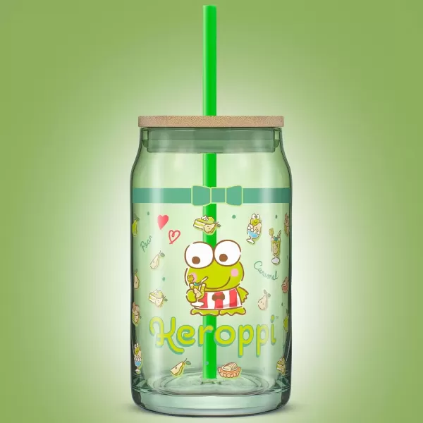 imageJoyJolt Sanrio Hello Kitty and Friends Favorite Flavor Glass Tumbler with Bamboo Lid and Straw Leakproof 16oz Clear Soda Can Shaped Cup featuring My Melody Hello Kitty MerchKeroppi