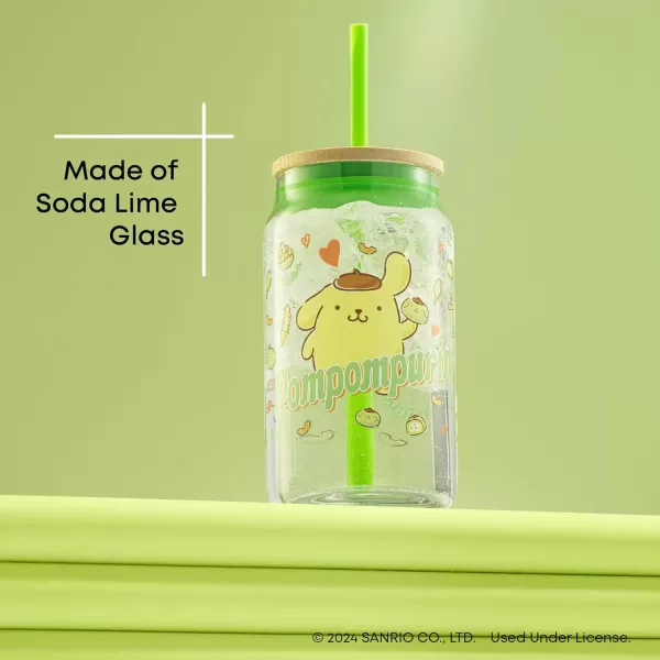 imageJoyJolt Sanrio Hello Kitty and Friends Favorite Flavor Glass Tumbler with Bamboo Lid and Straw Leakproof 16oz Clear Soda Can Shaped Cup featuring My Melody Hello Kitty MerchPompompurin