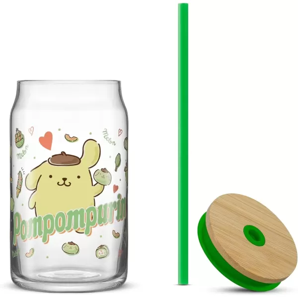 imageJoyJolt Sanrio Hello Kitty and Friends Favorite Flavor Glass Tumbler with Bamboo Lid and Straw Leakproof 16oz Clear Soda Can Shaped Cup featuring My Melody Hello Kitty MerchPompompurin