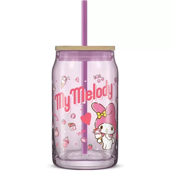 imageJoyJolt Sanrio Hello Kitty and Friends Favorite Flavor Glass Tumbler with Bamboo Lid and Straw Leakproof 16oz Clear Soda Can Shaped Cup featuring My Melody Hello Kitty MerchMy Melody