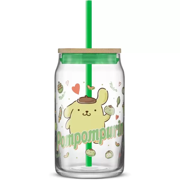 imageJoyJolt Sanrio Hello Kitty and Friends Favorite Flavor Glass Tumbler with Bamboo Lid and Straw Leakproof 16oz Clear Soda Can Shaped Cup featuring My Melody Hello Kitty MerchPompompurin