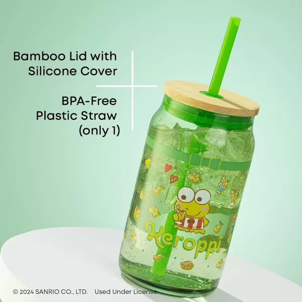 imageJoyJolt Sanrio Hello Kitty and Friends Favorite Flavor Glass Tumbler with Bamboo Lid and Straw Leakproof 16oz Clear Soda Can Shaped Cup featuring My Melody Hello Kitty MerchKeroppi