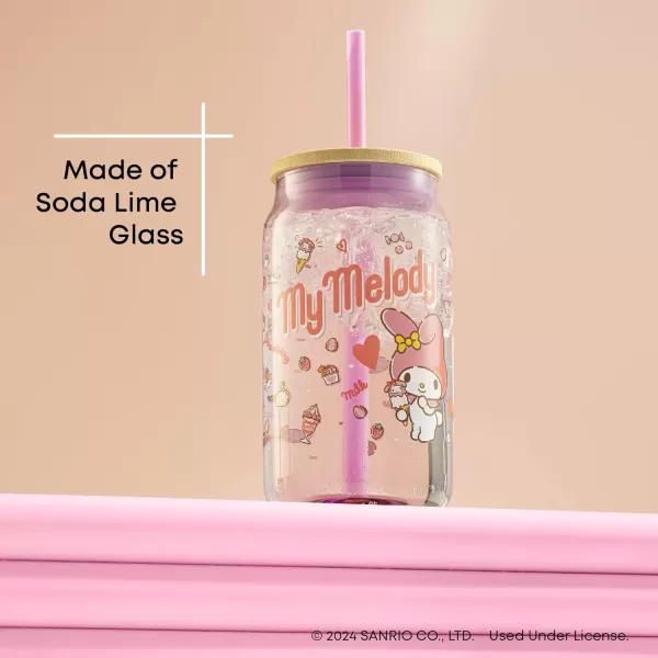 imageJoyJolt Sanrio Hello Kitty and Friends Favorite Flavor Glass Tumbler with Bamboo Lid and Straw Leakproof 16oz Clear Soda Can Shaped Cup featuring My Melody Hello Kitty MerchMy Melody