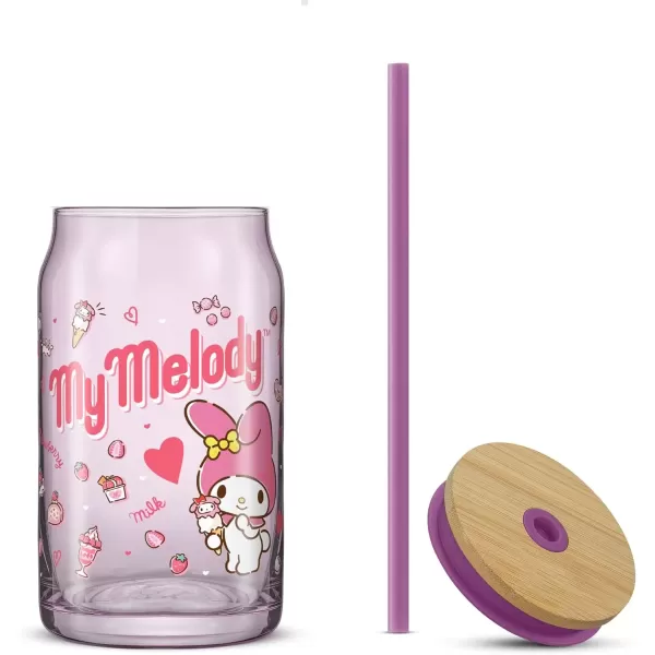 imageJoyJolt Sanrio Hello Kitty and Friends Favorite Flavor Glass Tumbler with Bamboo Lid and Straw Leakproof 16oz Clear Soda Can Shaped Cup featuring My Melody Hello Kitty MerchMy Melody