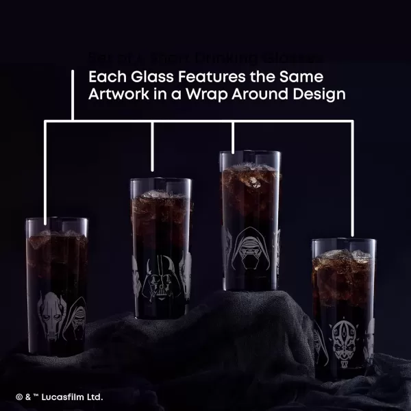 imageJoyJolt Star Wars Dark Side Drinking Glasses Set of 4 15oz Highball Glasses Tall Glass Cups ft Darth Vader Stormtrooper Darth Maul Kylo Ren and General Grievous Star Wars Merch