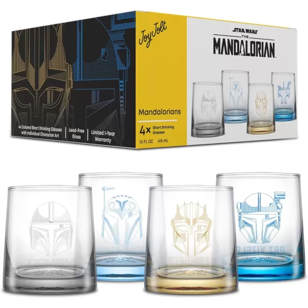 imageJoyJolt Star Wars The Mandalorians Short Drinking Glasses Set of 4 10 oz Lowball Glasses ft Mandalorian Helmet Designs Coffee and Water Tumbler Cups Star Wars Gifts for Men Women and Adults