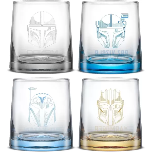 imageJoyJolt Star Wars The Mandalorians Short Drinking Glasses Set of 4 10 oz Lowball Glasses ft Mandalorian Helmet Designs Coffee and Water Tumbler Cups Star Wars Gifts for Men Women and Adults