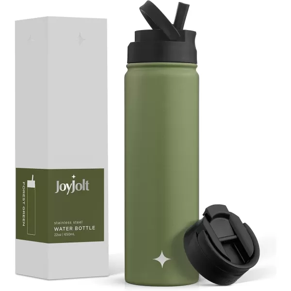 imageJoyJolt Triple Insulated Water Bottle with Straw Lid AND Flip Lid 22oz Water Bottle 12 Hour HotCold Vacuum Insulated Stainless Steel Water Bottle BPAFree Leakproof Water Bottles  Thermos BottleForest Green