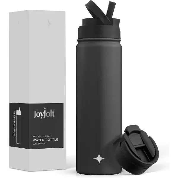 imageJoyJolt Triple Insulated Water Bottle with Straw Lid AND Flip Lid 22oz Water Bottle 12 Hour HotCold Vacuum Insulated Stainless Steel Water Bottle BPAFree Leakproof Water Bottles  Thermos BottleMatte Black