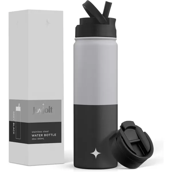 imageJoyJolt Triple Insulated Water Bottle with Straw Lid AND Flip Lid 22oz Water Bottle 12 Hour HotCold Vacuum Insulated Stainless Steel Water Bottle BPAFree Leakproof Water Bottles  Thermos BottleGrayBlack