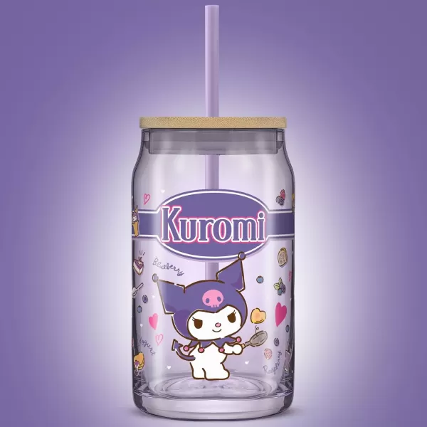 imageJoyJolt Sanrio Hello Kitty and Friends Favorite Flavor Glass Tumbler with Bamboo Lid and Straw Leakproof 16oz Clear Soda Can Shaped Cup featuring Kuromi Hello Kitty MerchKuromi