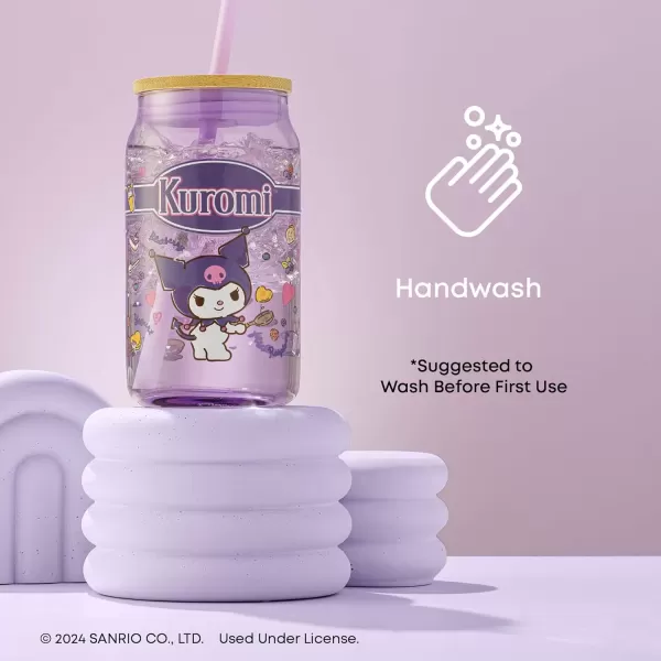 imageJoyJolt Sanrio Hello Kitty and Friends Favorite Flavor Glass Tumbler with Bamboo Lid and Straw Leakproof 16oz Clear Soda Can Shaped Cup featuring Kuromi Hello Kitty MerchKuromi