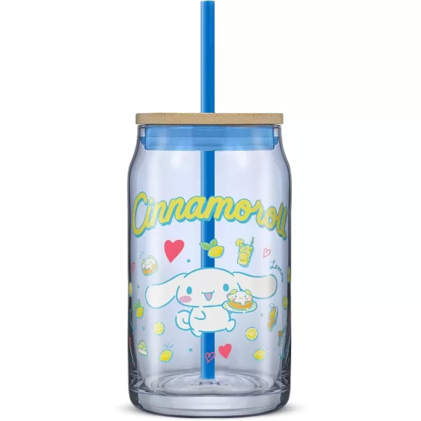 imageJoyJolt Sanrio Hello Kitty and Friends Favorite Flavor Glass Tumbler with Bamboo Lid and Straw Leakproof 16oz Clear Soda Can Shaped Cup featuring Kuromi Hello Kitty MerchCinnamoroll