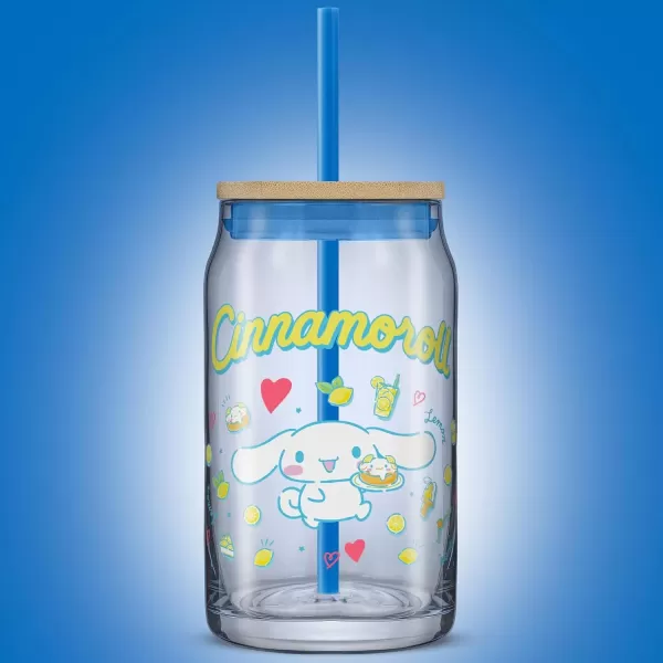 imageJoyJolt Sanrio Hello Kitty and Friends Favorite Flavor Glass Tumbler with Bamboo Lid and Straw Leakproof 16oz Clear Soda Can Shaped Cup featuring Kuromi Hello Kitty MerchCinnamoroll