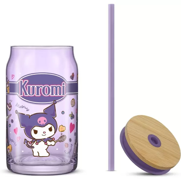 imageJoyJolt Sanrio Hello Kitty and Friends Favorite Flavor Glass Tumbler with Bamboo Lid and Straw Leakproof 16oz Clear Soda Can Shaped Cup featuring Kuromi Hello Kitty MerchKuromi