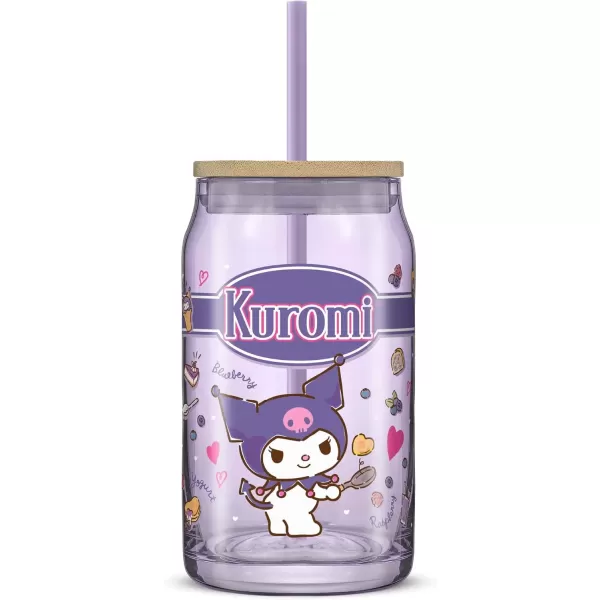 imageJoyJolt Sanrio Hello Kitty and Friends Favorite Flavor Glass Tumbler with Bamboo Lid and Straw Leakproof 16oz Clear Soda Can Shaped Cup featuring Kuromi Hello Kitty MerchKuromi