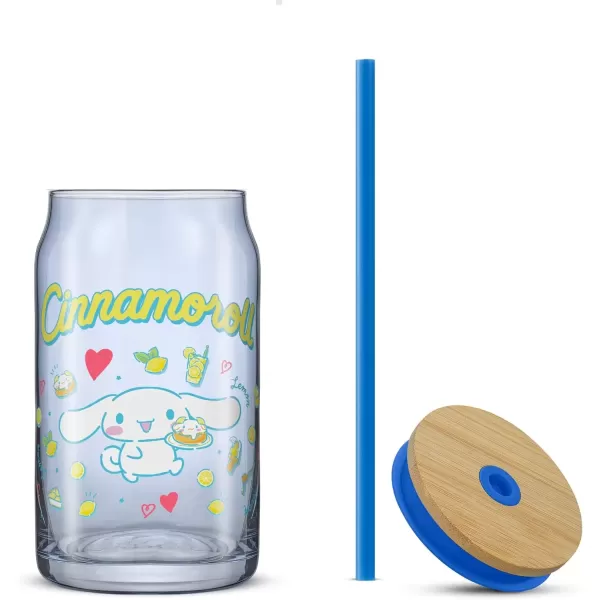 imageJoyJolt Sanrio Hello Kitty and Friends Favorite Flavor Glass Tumbler with Bamboo Lid and Straw Leakproof 16oz Clear Soda Can Shaped Cup featuring Kuromi Hello Kitty MerchCinnamoroll