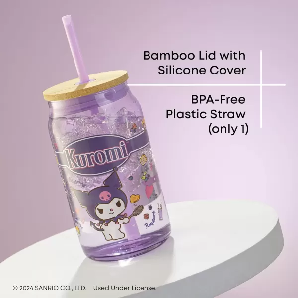 imageJoyJolt Sanrio Hello Kitty and Friends Favorite Flavor Glass Tumbler with Bamboo Lid and Straw Leakproof 16oz Clear Soda Can Shaped Cup featuring Kuromi Hello Kitty MerchKuromi