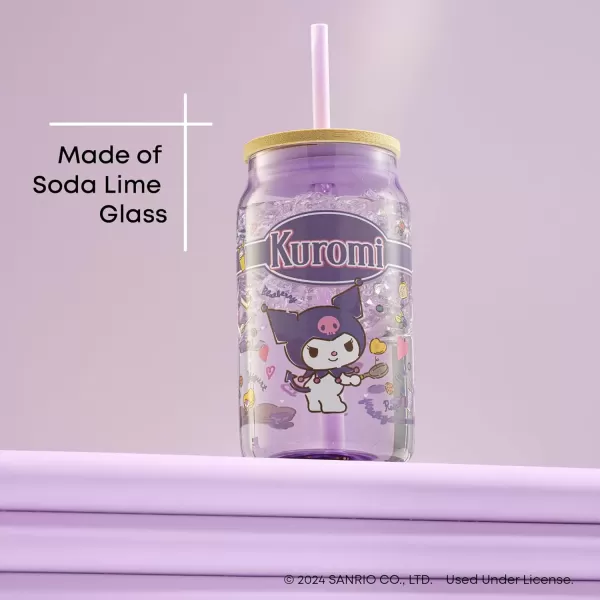 imageJoyJolt Sanrio Hello Kitty and Friends Favorite Flavor Glass Tumbler with Bamboo Lid and Straw Leakproof 16oz Clear Soda Can Shaped Cup featuring Kuromi Hello Kitty MerchKuromi