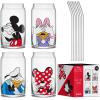 imageJoyJolt Disney Mickey Mouse and Friends Color Sketch Glass Tumblers with Lids and Straws 16oz Glass Cups with Lids and Straws Can Shaped Drinking Glasses Set of 4 Disney Gifts for AdultsDisney