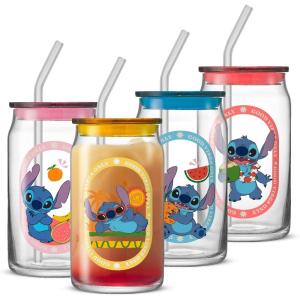 imageJoyJolt Disney Stitch Island Vibes Glass Tumblers with Lids and Straws 16oz Glass Cups with Lids and Straws Can Shaped Drinking Glasses Set of 4 Stitch Stuff Disney Gifts for Adults