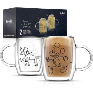 imageJoyJolt Aroma Disney Mickey and Pluto 135oz Glass Cups Set 2 Insulated Double Wall Glass Coffee Cups Insulated Coffee Cup Set Unique Coffee Mugs Large Espresso Cups Disney Cups and Disney Mugs